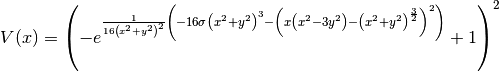 V(x) = \left(- e^{\frac{1}{16 \left(x^{2} + y^{2}\right)^{2}} \left(- 16 \sigma \left(x^{2} + y^{2}\right)^{3} - \left(x \left(x^{2} - 3 y^{2}\right) - \left(x^{2} + y^{2}\right)^{\frac{3}{2}}\right)^{2}\right)} + 1\right)^{2}